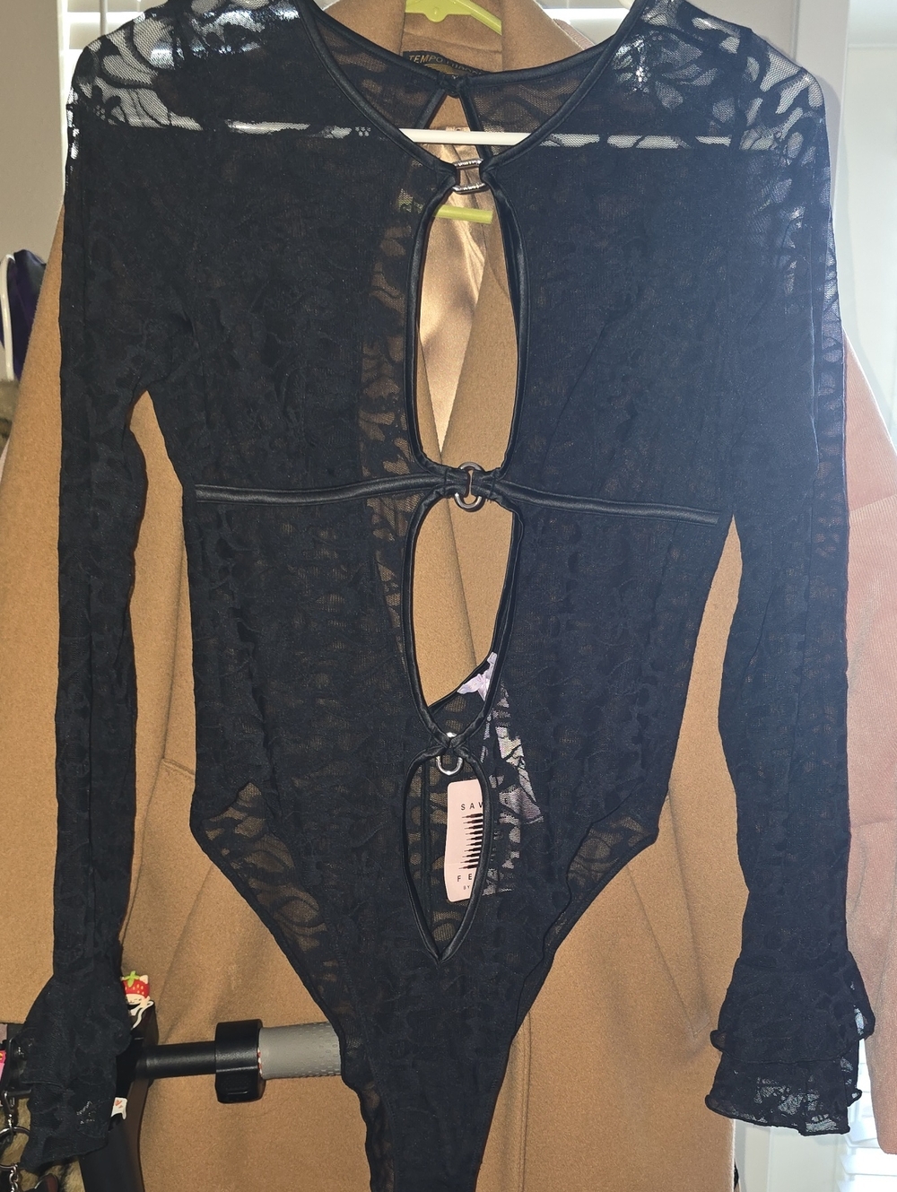 Savage X Fenty Black Sheer Lace Keyhole Long-Sleeve Bodysuit